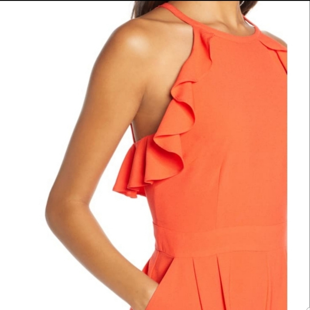 Vince Camuto Ruffled Halter Neck Wide Leg Red Jumpsuit Size 4 - Picture 2 of 9